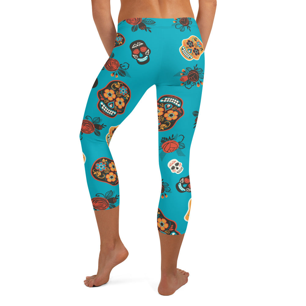 Candy Skull Capris Teal/Black