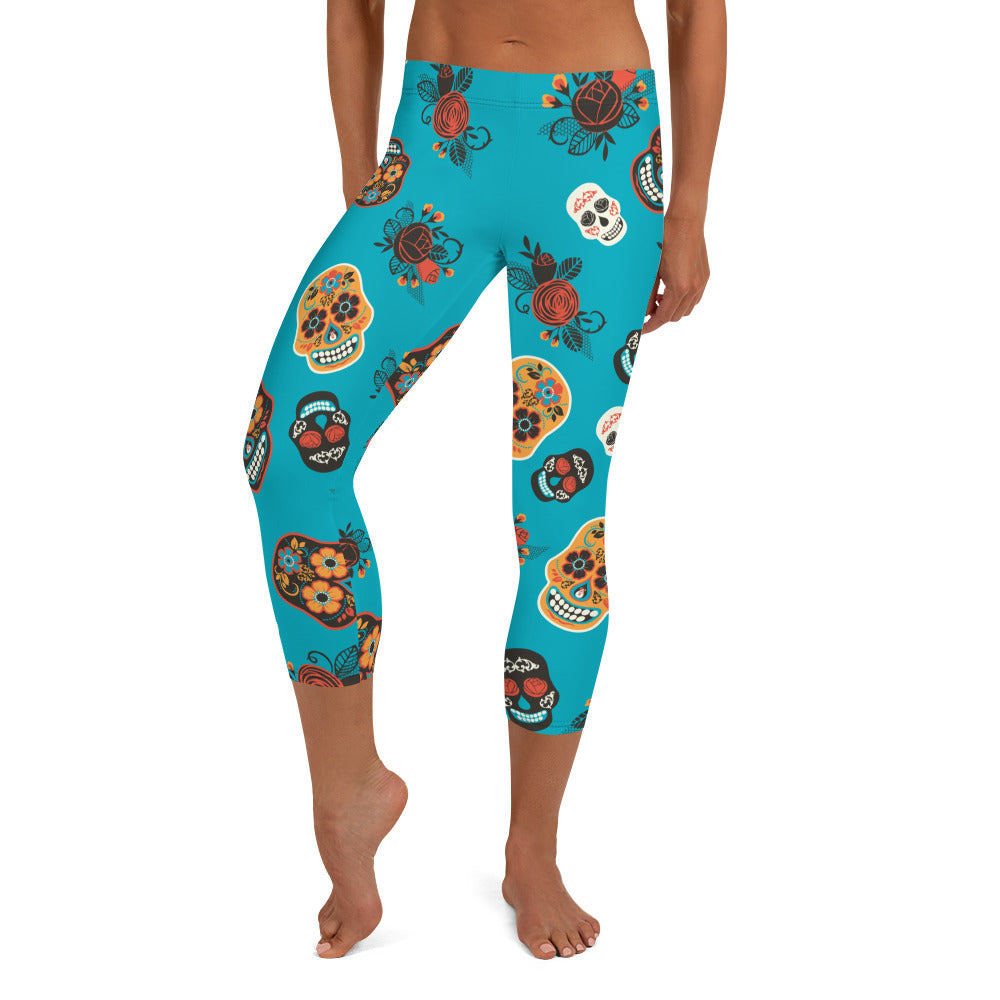 Candy Skull Capris Teal/Black