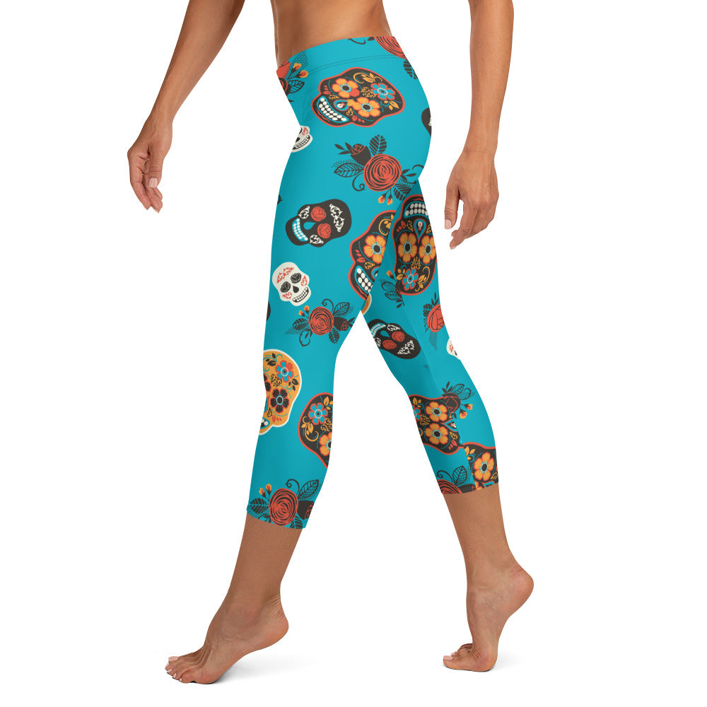Candy Skull Capris Teal/Black